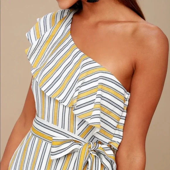 Lulus high tide yellow striped one shoulder midi dress - Picture 2 of 6